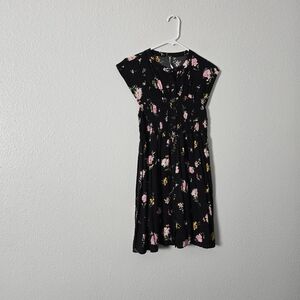 Free People Black Floral Midi Dress with Pink & Yellow Blooms Sz S
